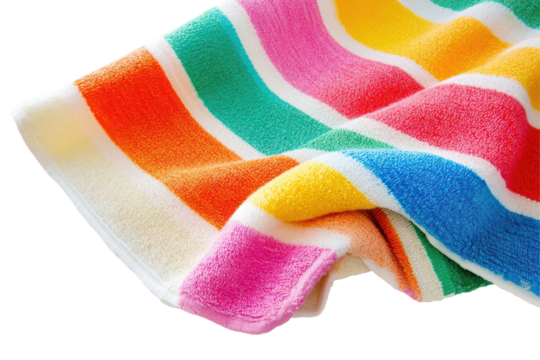 Colorful striped beach towel folded isolated on transparent background. Colorful beach towel with sharp clear stripes isolated on white background.