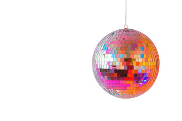 Obraz premium Colorful disco ball with many small mirrored squares isolated on transparent background. Colorful disco ball reflecting light in an isolated on white background.