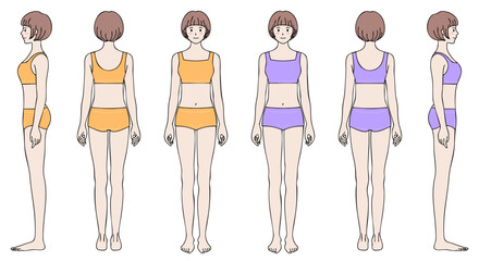 女性の全身モデル 3面イラスト オレンジ・紫カラーセット