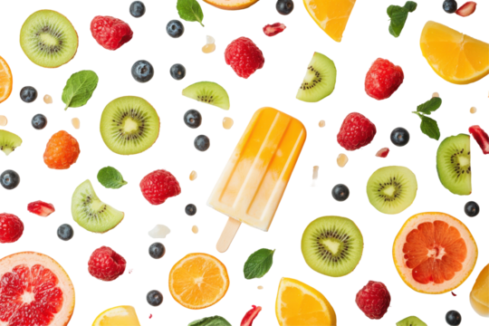 Assortment of fresh fruits and a popsicle scattered isolated on transparent background.