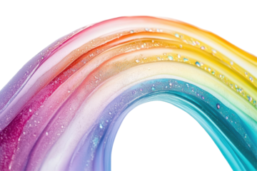 Colorful rainbow ribbon with glitter and water droplets isolated on transparent background. Colorful rainbow arcing across isolated on white background.