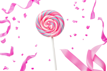 Colorful swirl lollipop with pink ribbon isolated on transparent background. Colorful spiral lollipop with a pink ribbon isolated on white background.
