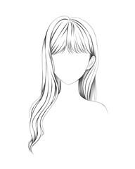 Hand drawn illustration of a girl with long wavy hair and bangs in clean line art style