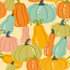 Pumpkins and gourds seamless pattern. Seasonal vegetables, autumn harvest. For autumn decorations, harvest themes, kitchen textiles, wrapping paper, kids crafts and seasonal print.