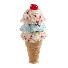 Delicious triple scoop ice cream cone with cherry on top isolated on transparent background