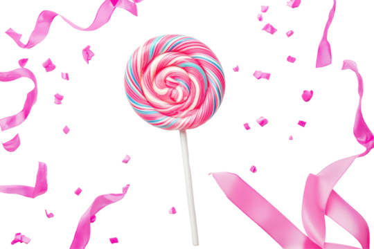 Colorful swirl lollipop with pink ribbon isolated on transparent background. Colorful spiral lollipop with a pink ribbon isolated on white background.