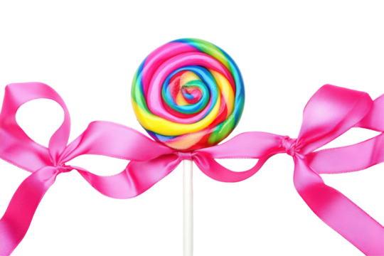 Colorful swirl lollipop with pink ribbon isolated on transparent background. Colorful spiral lollipop with a pink ribbon isolated on white background.