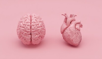 Pink brain and heart on a pink background