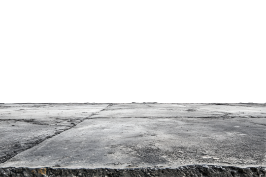 Weathered concrete surface with visible cracks and texture isolated on transparent background. Concrete floor isolated on white background.