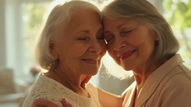 Senior women share tender moment in sunlit room, displaying deep friendship and emotional connection while embracing with genuine smiles and warmth, celebrating lifelong bond and aging gracefully