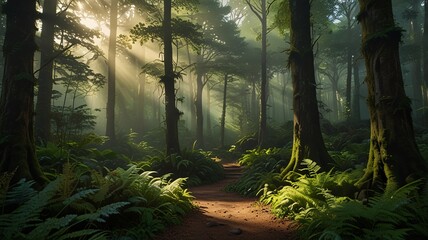 Mystical Forest Path with Ancient Trees and Golden Sunlight Beams V4