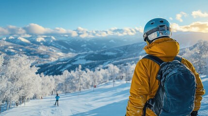 Snowboarders and skiers descending mountain slopes performing tricks or enjoying scenic rides in well-groomed resorts under clear skies showcasing dynamic winter sports