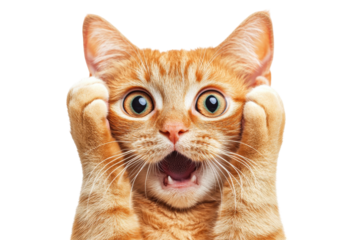 Surprised cat yawning with open mouth and pink tongue sticking out on transparent background. Crazy surprised ginger cat in shock isolated on white background.