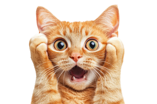 Surprised cat yawning with open mouth and pink tongue sticking out on transparent background. Crazy surprised ginger cat in shock isolated on white background.