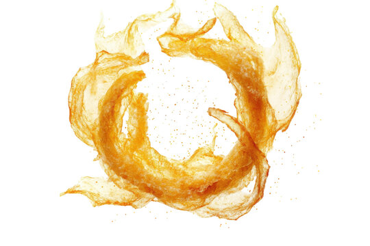 Dynamic orange liquid splash forming a circular ring with tiny droplets isolated on transparent background.