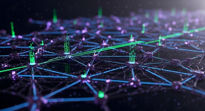 Futuristic Digital Network Visualization with Glowing Nodes and Connecting Lines in Dark Background