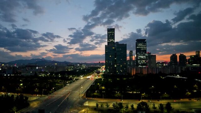timelapse, panoramic before sunrise city view, sunrise cityscape of Yeouido, Seoul, Korea	
