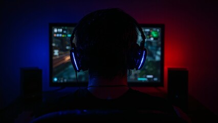 Fototapeta premium Focused Gamer in Modern Gaming Setup with Blue and Red LED Lights