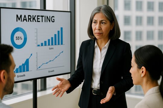 Senior woman presenting marketing data in office conference room