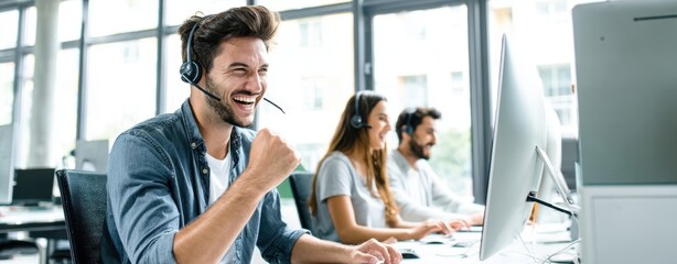 The enthusiastic call center agent celebrating a successful customer interaction.