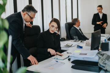 Professionals collaborating in an office workspace, focusing on teamwork, communication, and...