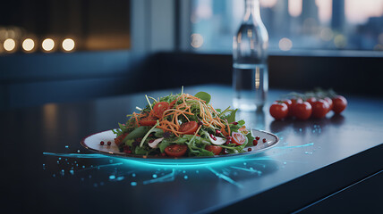 Fresh salad with cherry tomatoes and shredded carrots on a plate with glowing blue light healthy food