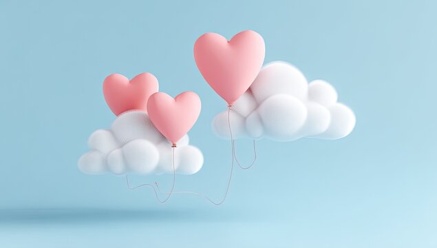 Heart-shaped balloons floating on soft white clouds against a light blue background