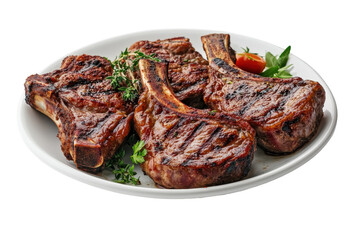 Delicious grilled lamb chops served on a white plate isolated on transparent background. Deliciously grilled lamb chops served on a white plate isolated on white background.
