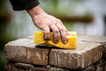 a man washes the freshly laid bricks of a post with a sponge