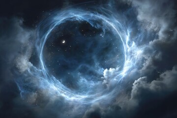 Mystical, swirling, luminous ring in a night sky filled with clouds