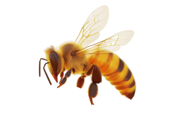 Detailed close up of a honey bee in flight isolated on transparent background. Diligent bee working tirelessly to make the sweetest honey isolated on white background.