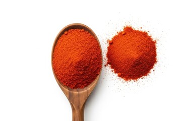 Rustic wooden spoon filled with vibrant red paprika powder spice orange
