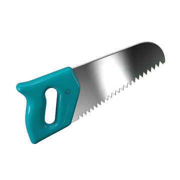 A sharp hand saw with a bright turquoise handle, ready for cutting isolated on transparent background