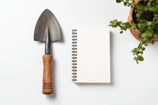Flat lay of gardening tools and notebook