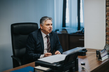 A man in a business suit passionately speaking in his office. The scene captures professionalism...