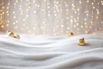 Christmas scene of soft snow with golden ornaments