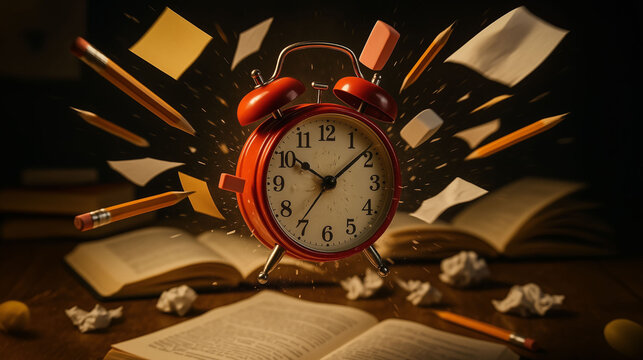study pressure time running out and academic deadline stress in dark dramatic educational urgency scene