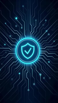 Glowing digital shield and checkmark icon at center of circuit grid with neon tones shows security, digital trust, and futuristic certification compliance in high tech interface