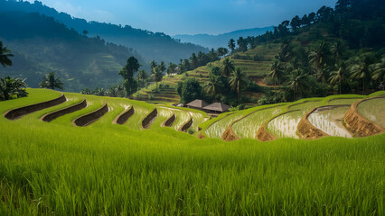 Vast rice paddies stretch through Bali&rsquo;s Jatiluwih, framed by misty mountain landscapes.
