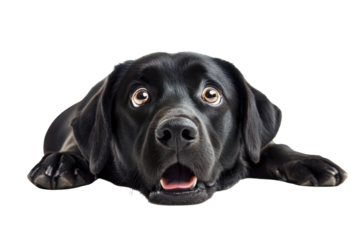 Black labrador dog with wide eyes and open mouth isolated on transparent background. Dog looking surprised isolated on white background.
