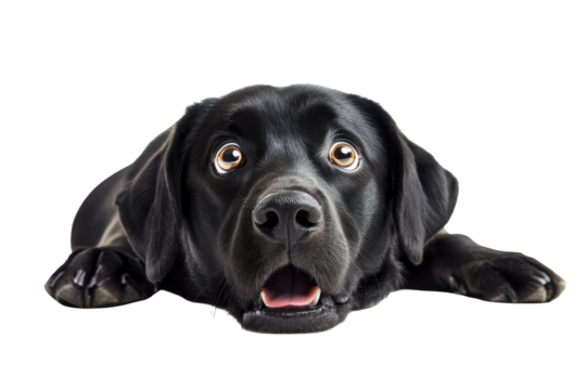 Black labrador dog with wide eyes and open mouth isolated on transparent background. Dog looking surprised isolated on white background.