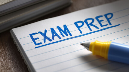 Exam prep written on lined notebook paper with blue highlighter pen placed on desk showing education preparation and study strategy concept in school or college environment