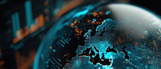 The glowing globe showcasing Europe amidst a futuristic digital backdrop.