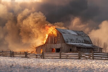 Burning barn in winter
