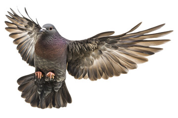 Obraz premium A pigeon bird with its wings spread wide in flight isolated on transparent background.