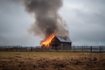 Burning wooden barn on a field