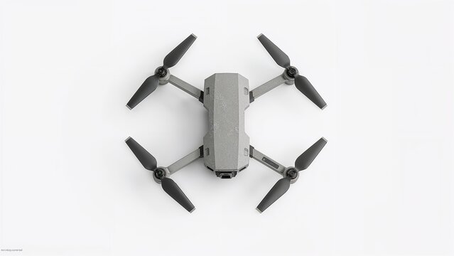 Top view of a modern foldable quadcopter drone with a sleek gray body and four black propellers. Clean white background ideal for technology, aviation, or product design themes.