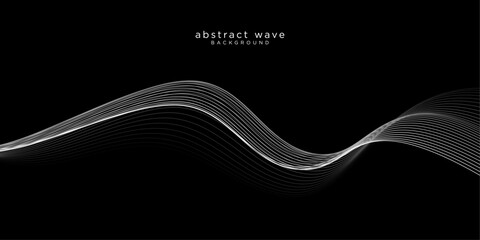 Vector wave lines smooth flowing dynamic white gradient isolated on black background. Suit for poster, banner, website, technology, digital, communication, science