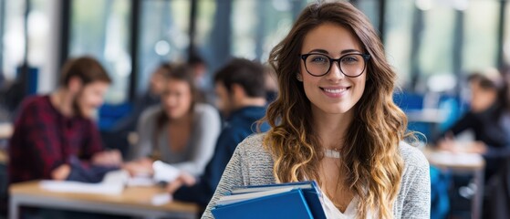 The student confidently holding books in a modern library setting while studying.