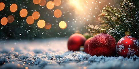 Red Christmas Ornaments Snow Covered Pine Branch Bokeh Lights image